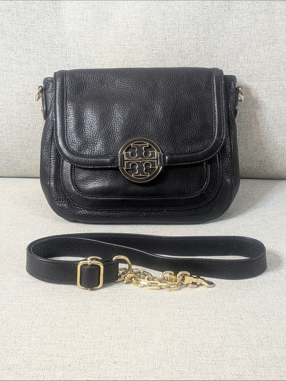 Tory Burch Black Leather Fold-Over Crossbody with Logo Medallion